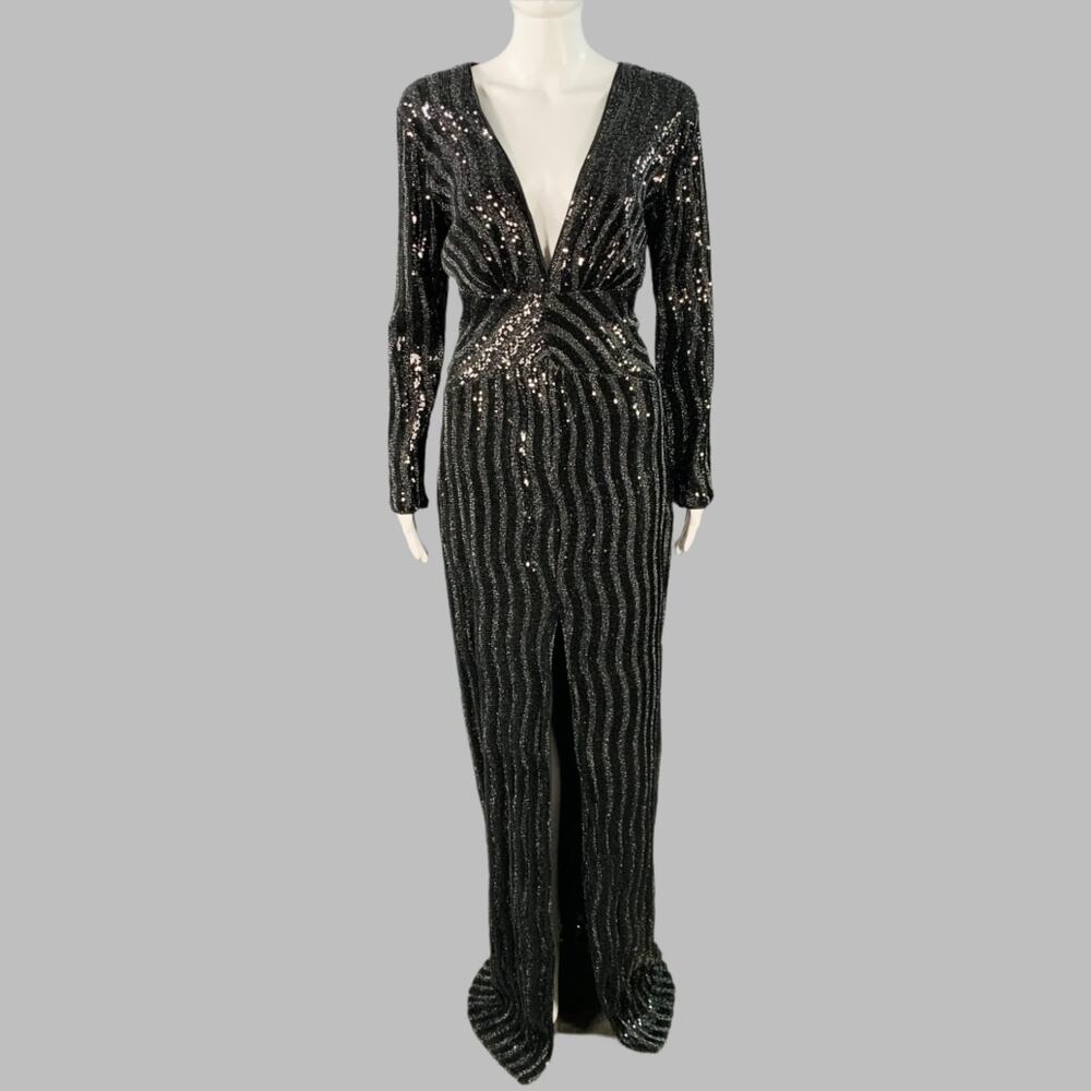 JOHN RICHMOND Size M Black Silver Polyester Sequined V-Neck Evening Gown